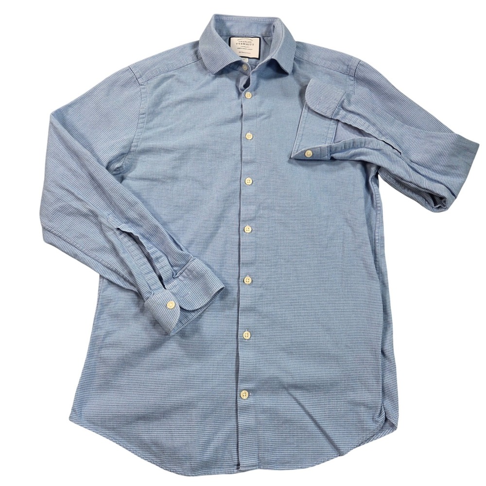 Charles Tyrwhitt Shirt Mens 15.5/34 Blue Extra Slim Fit Micro Pattern Cotton